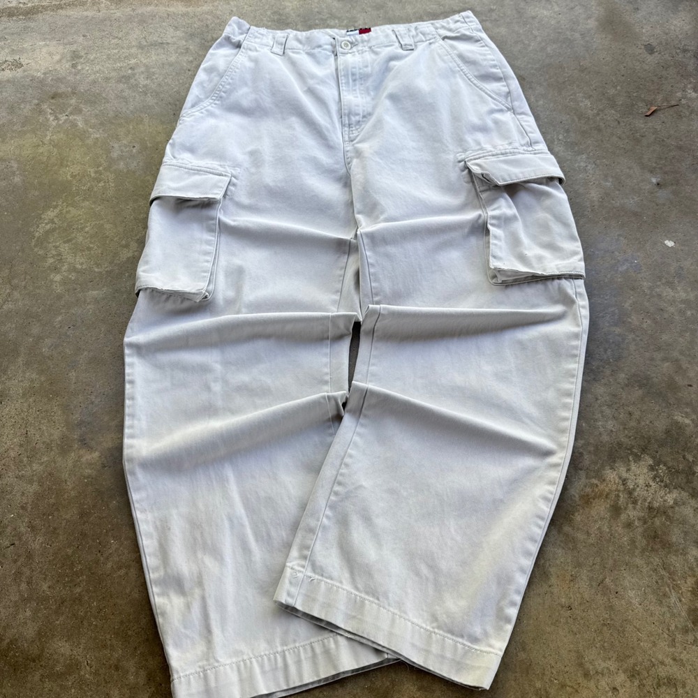 Vintage 90s Tommy Hilfiger Baggy Cargo Pants Wide Leg Workwear Gray 32x30 (f5)